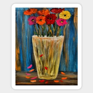 A contemporary painting of some poppies in a metallic gold and silver vase . Sticker